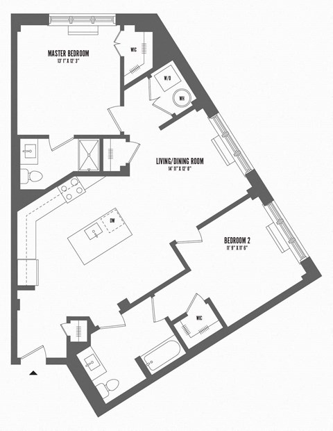 Floor plan for 2 beds, 1.5 baths, 1096 sqft